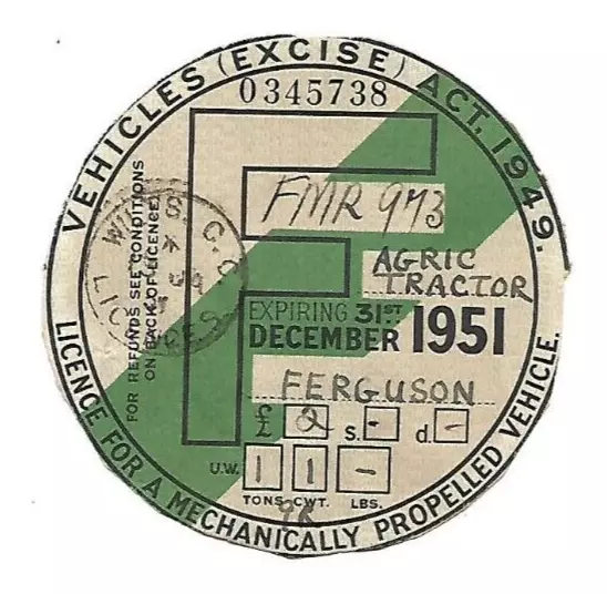 Collectable OLD TAX DISC VINTAGE FMR973 1951 Ferguson Tractor