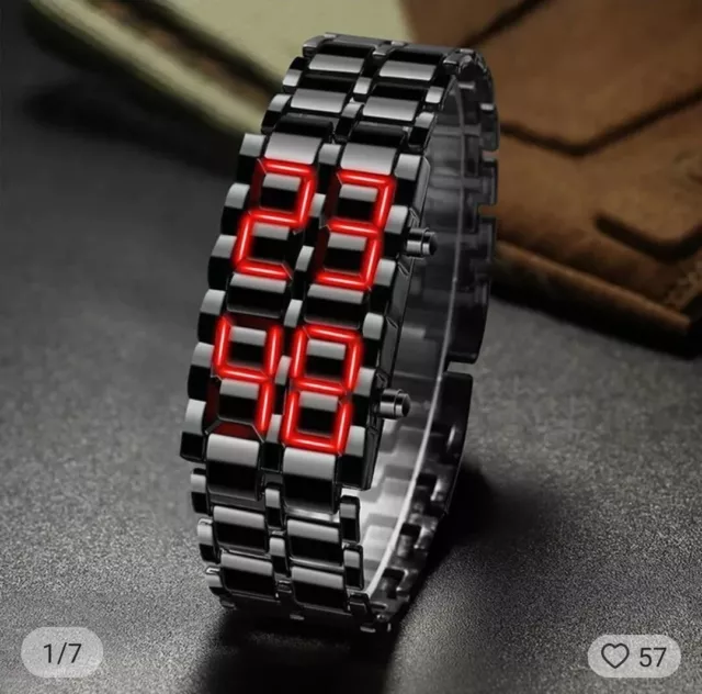 Braccialetto Orologio da Polso in Metallo Nero display led Rosso a Scomparsa