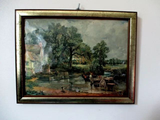 Ancien unique superbe tableau émaux paysage personnages charrette cadre bois