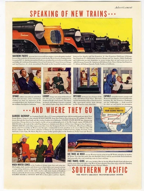 SOUTHERN PACIFIC Trains 1937 Ad Shows Four Scenic Routes United States