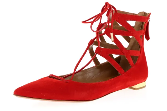 Aquazzura Lipstick Red Suede Belgravia Poin Toe Lace Up Flats Shoes 39.5 $695