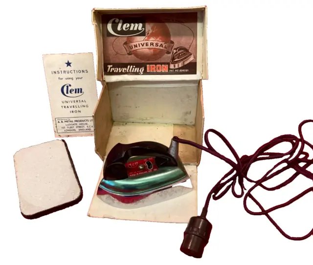 Vintage Travel Iron 1950's Clem In Original Box With Instructions. #80