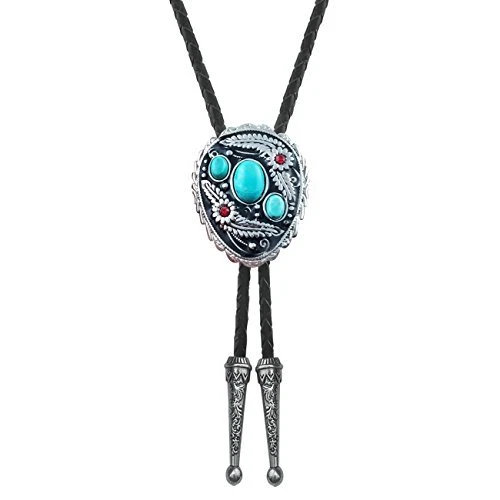 Blue Turquoise Flower Pattern Bolo Tie Western Cowboy Vintage Ha...