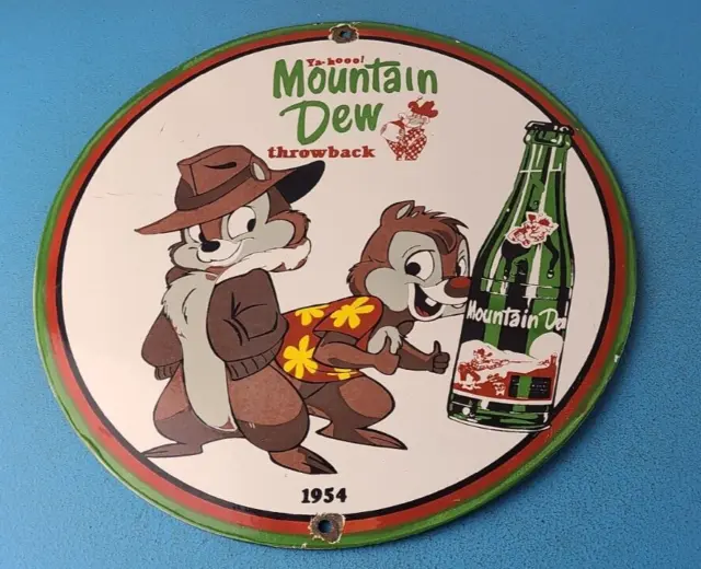 Vintage Mountain Dew Porcelain Gas Pump Chip Dale Rescue Ranger Soda Bottle Sign