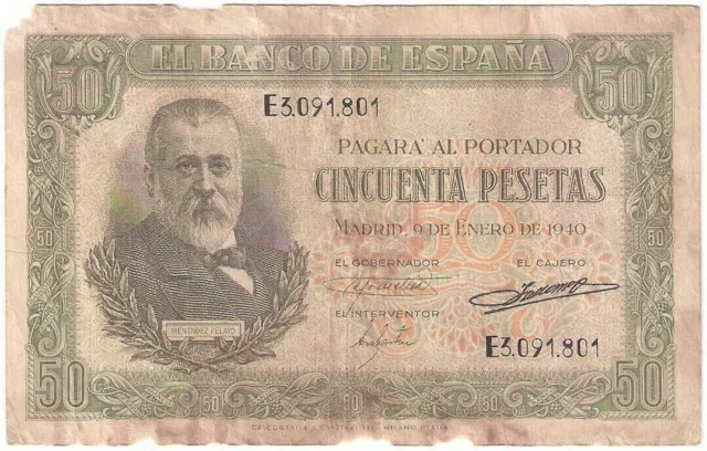 Francoist Spain banknote - 50 cincuenta pesetas - year 1940 - Menéndez Pelayo