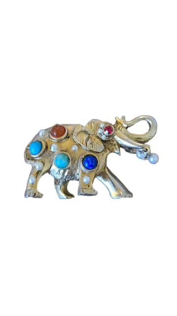 Vintage Gold Tone Multicolor Stones Fuax Pearl Elephant Trunk Up Brooch Pin