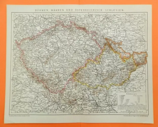 BÖHMEN MÄHREN und ÖSTERREICH SCHLESIEN historische Landkarte 1895