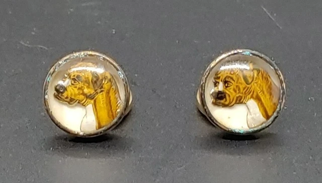 Boutons De Manchette Vintage Argent 800 Italiens - Tête De Chien émaillée Main, Avec Boîte