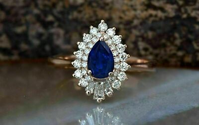 2.20Ct Pear Cut Lab-Created Blue Sapphire Halo Wedding Ring 14k Rose Gold Finish
