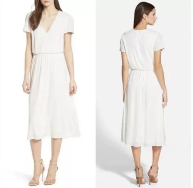 Wayf White Blouson Crinkle V-Neck Midi Dress Size Small from Nordstrom