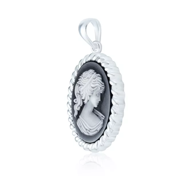 Red Carved Victorian Lady Cameo Oval Pendant Sterling Silver Necklace 2