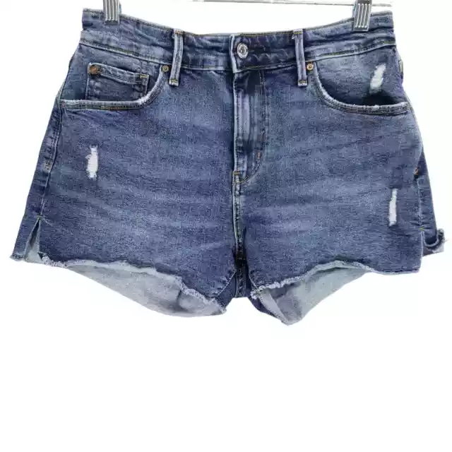 Levis Denizen High Rise Shorts Womens 28 Waist Blue Distressed Side Slit Denim