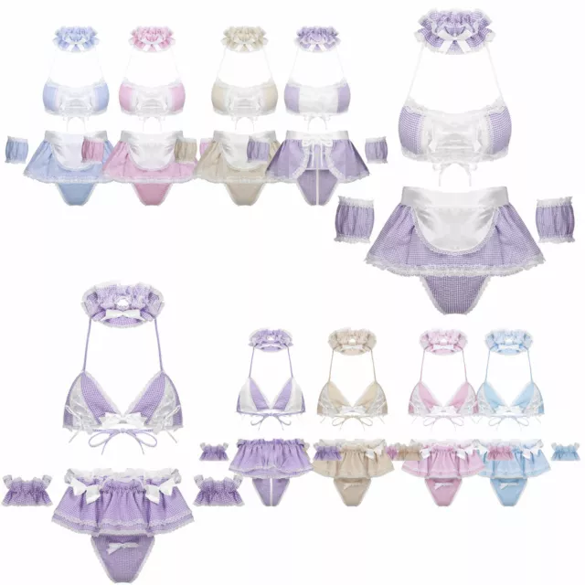Women's Anime Maid Cosplay Costume Ruffle Plaid Lingerie Set Babydoll Nightwear