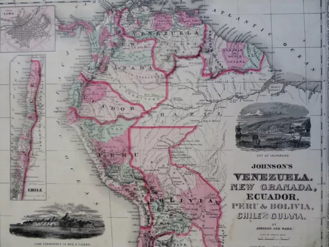 Colombia Venezuela Peru Bolivia Lima 1863 Johnson & Ward Scarce Decorative Map