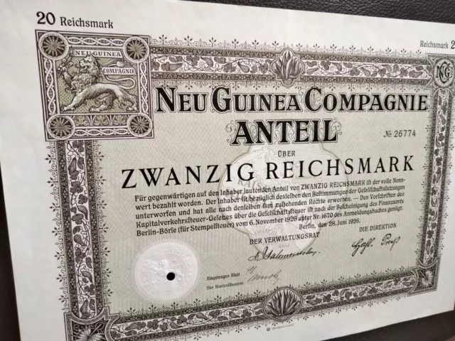 Neu Guinea Compagnie AG Berlin Kolonial Aktie 20 Mark 1926 mit Firmenwappen