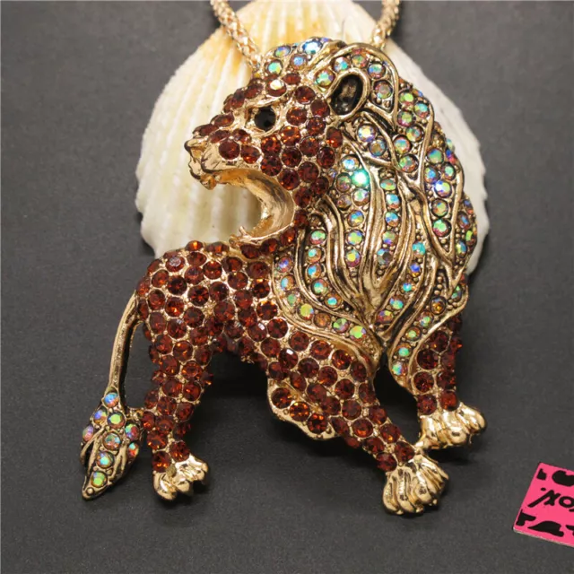 Hot Betsey Johnson Brown Bling Crystal Cute Lion Animal Necklace Sweater Chain
