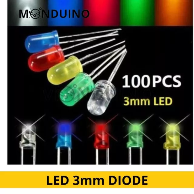 Lot de 100 LED 3mm DIODE 5 couleurs (bleu, jaune, rouge, vert, Blanc)