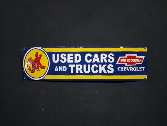 Porcelain OK Used Cars & Trucks Enamel Metal Sign Size 30" x 8" Inches