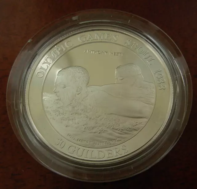 Suriname 1988 Silver 50 Gulden PROOF Seoul Olympics - Anthony Nesty