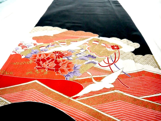 Vintage Japanese Kimono Silk Fabric, Black Tomesode Long Panel, Fan 173cm(68")