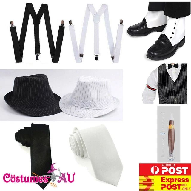 Mens 1920s 20s Gangster Set Hat Braces Tie Cigar Gatsby Armband Spat Costume