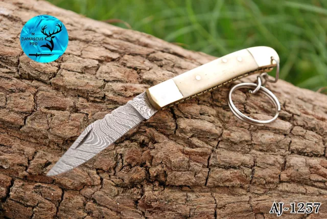 Handmade Damascus Steel Folding Pocket Knife Key Chain Camel Bone Handle 1257