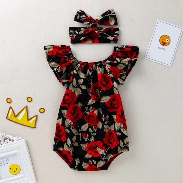 Newborn Baby Rose Print Flutter Romper Girls Summer Jumpsuit Outfit Photo Shoots 12
