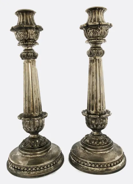Set of 2 Gothic Vintage Looking Silver Tone 10.5" Pillar Candlestick Holders