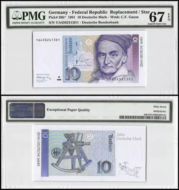 Germany Federal Republic 10 Deutsche Mark, 1991, P-38bz, Replacement, PMG 67