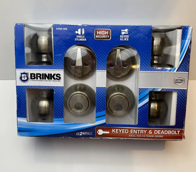 Brinks High Security 2 Keyed Entry + 2 Deadbolts Ez 2 Install Antique Brass NEW