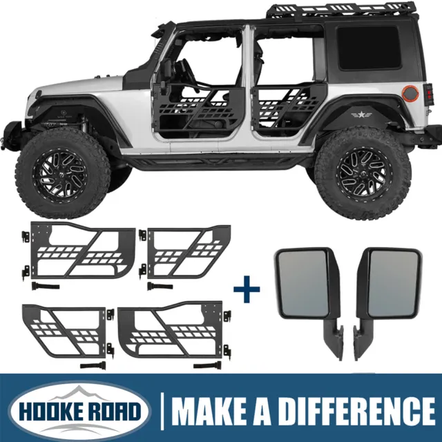 Hooke Road 4Pcs Front+Rear Tubular Doors+ Pair Mirror Fit 07-18 Jeep Wrangler JK