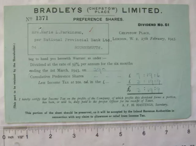 1943 dividend statement Bradleys (Chepstow Place) preference shares