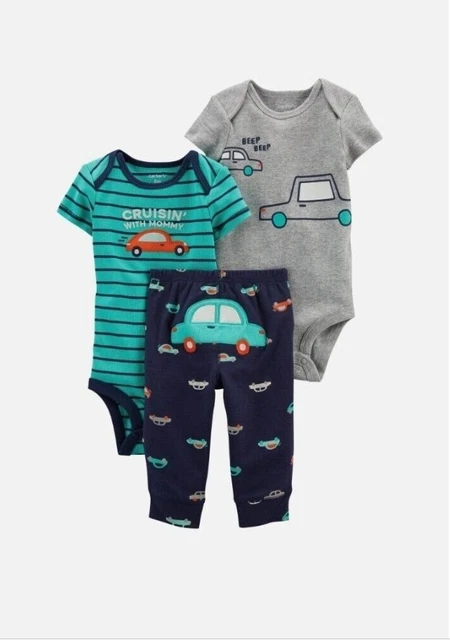 Carters 3 Piece Set for Boys Newborn or 12 Months Car Design New Unopened