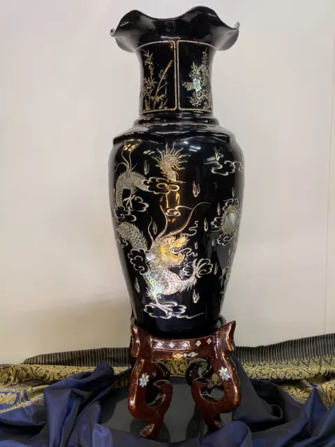 Vase Dekovase Blumenvase mit Standfuß 2-tlg. Perlmutt Unikat Antik Rarität 3