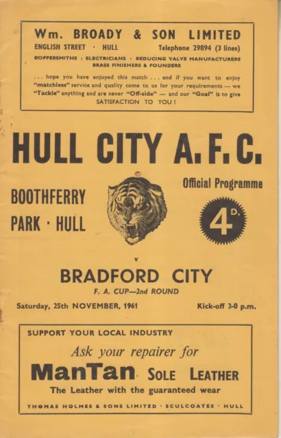 Hull City v Bradford City 1961/62 FA Cup programme