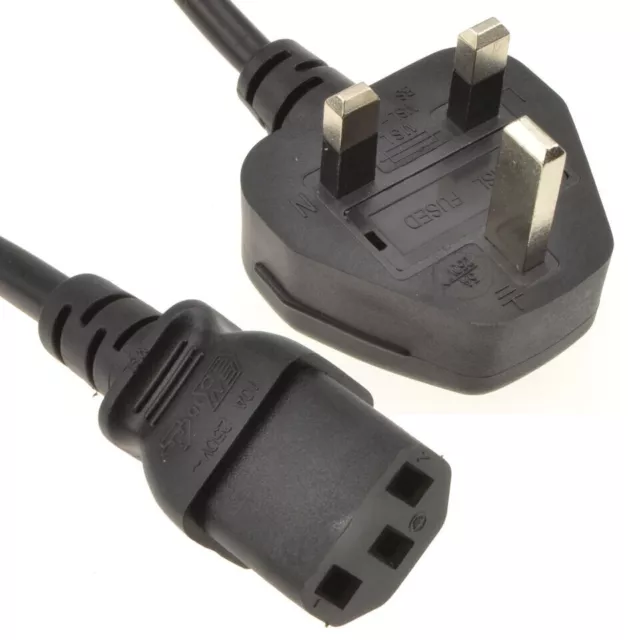 Power Cord UK Plug to IEC Cable (PC Mains Kettle Lead) C13 2m Black White