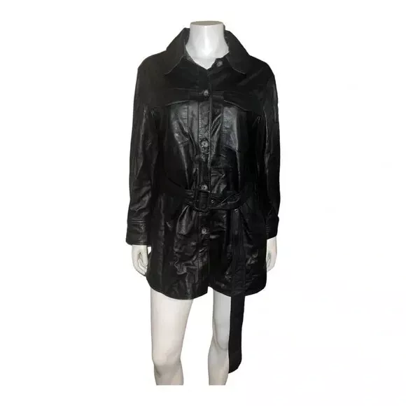 Tahari Women's Liv Belted Leather Shirt Jacket Black Petite Large NWT