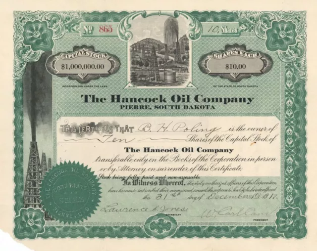 Hancock Oil Co. - Stock Certificate - Oil Stocks and Bonds