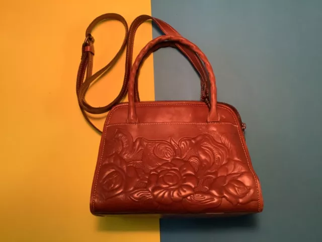 Patricia Nash Brown Italian Leather Floral Tooled Satchel Purse Crossbody Bag