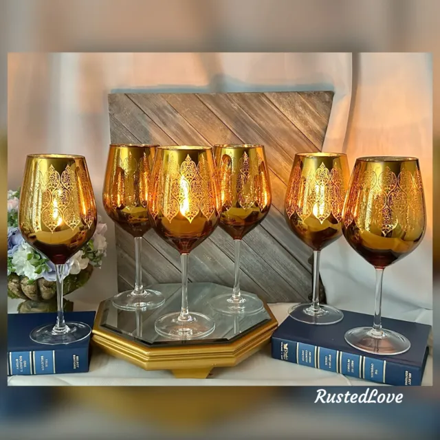 Atrland Brocade Dark Gold Wine Glasses Vintage Baroque Styled Mirrored Inside