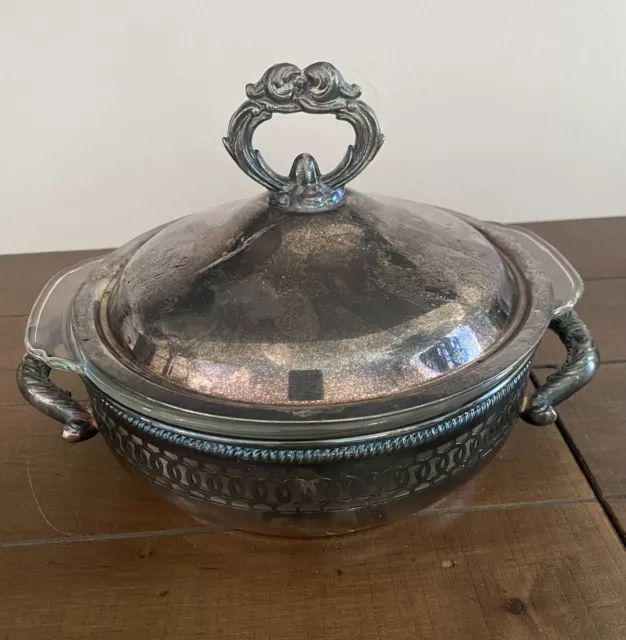Vintage Towle Silverplate Covered Serving Dish With Glass Ovenware Insert.