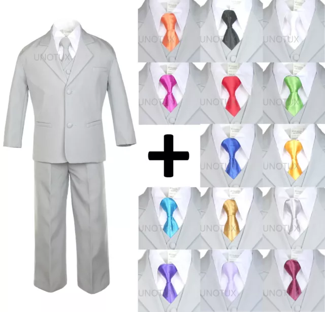 6 PC Satin Tie + Baby Toddler Kid Formal Wedding Party Tuxedo Gray Boy Suit S-20
