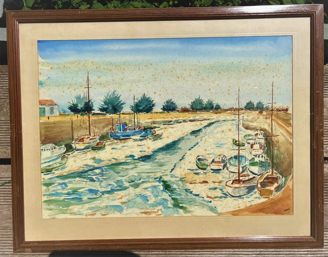Aquarelle Originale Signée 'Le Port De L'Île De Ré' - Paysage Marin Avec Bateaux - 30x42cm