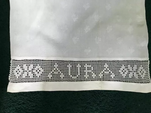 Rare * AURA Monogram * FILET LACE * Damask LINEN Antique TEA TOWEL