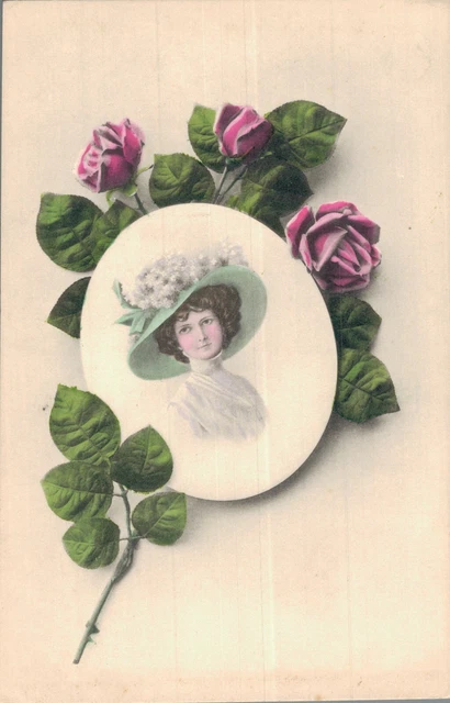 Art Nouveau Lady Roses Vintage Postcard B36