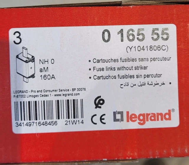 Lot de 3 Legrand 0 165 55 Cartouche 160A couteau aM taille 0 avec voyant