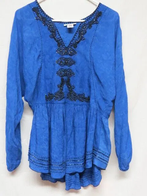 Krista Lee Shadowy Blue Bohemian Shirt w Beads & Designs on Front & Back Size S