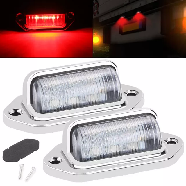 2x Chrome LED License Plate Light Tag Lamps Assembly Red for Truck Trailer RV