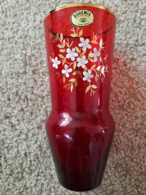 Vintage~Red Ruby~Bohemia~6"Vase~ Handpainted~Crystal Glass~Czechoslovakia(B17)