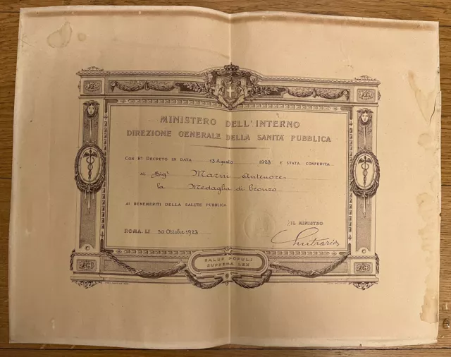 1923, Benemeriti della Salute Pubblica, diploma medaglia Ministero dell’Interno